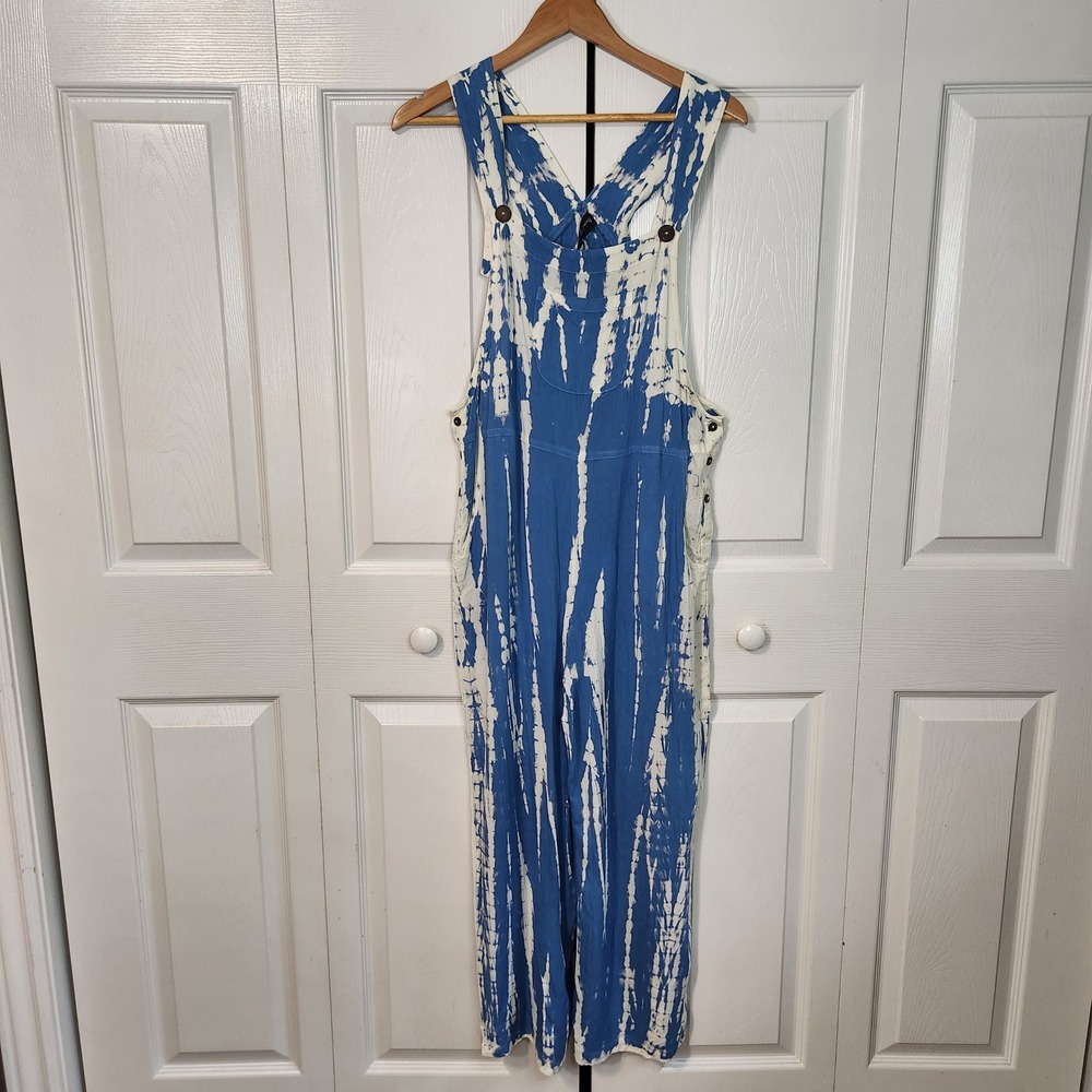 Sacred Threads Blue White Tie Dye Wide Leg Overalls Jumpsuit OS NEW Boho Hippie